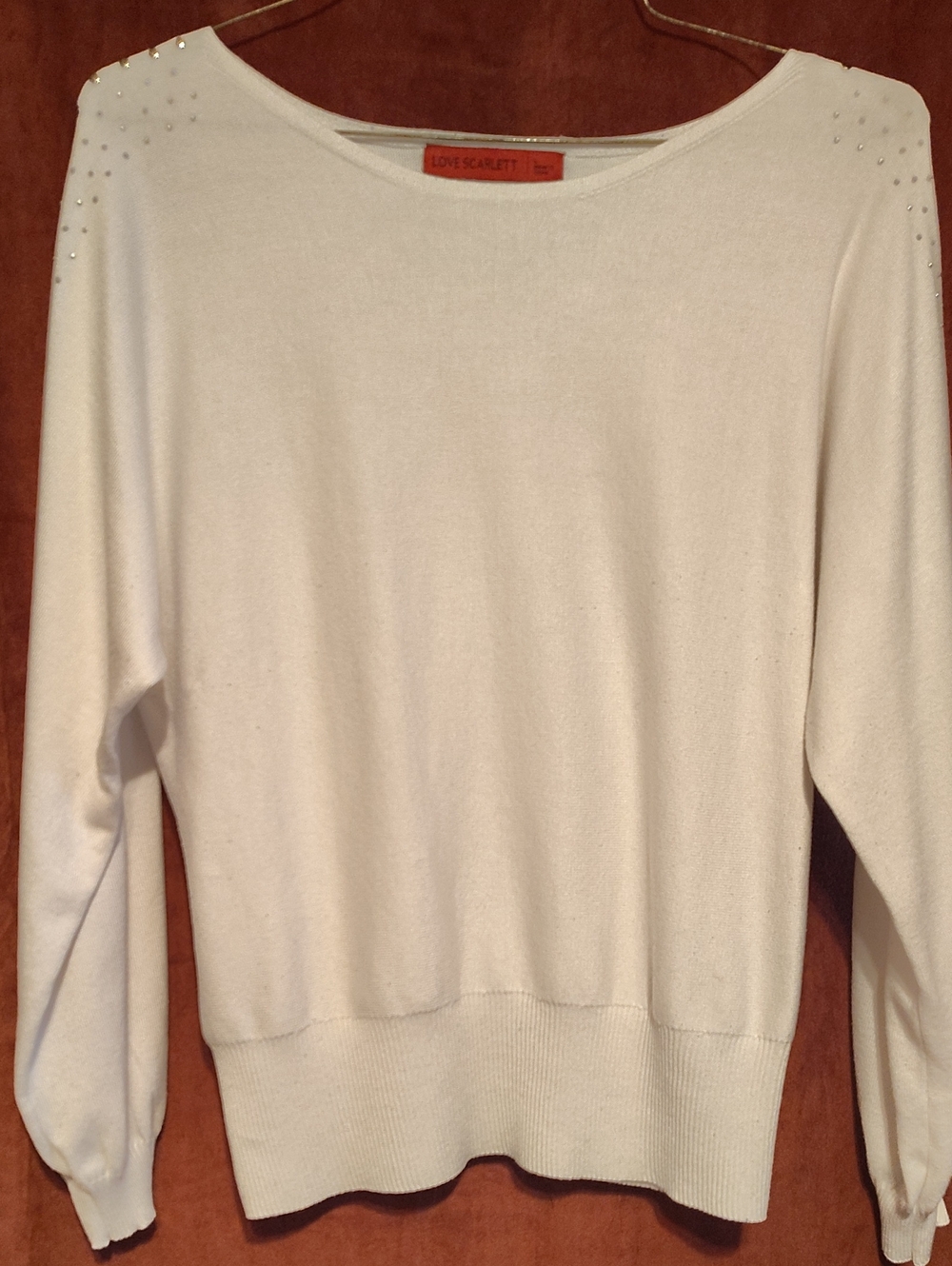 Love Scarlett White Crewneck Sweater with Shoulder And Arm Stud Accents